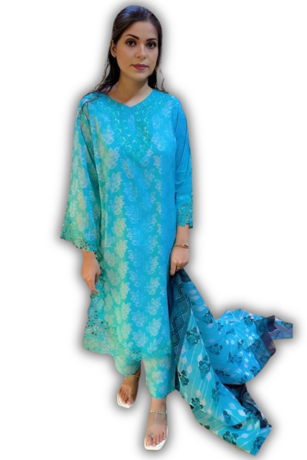 3-Piece Printed Lawn Suit – Turquoise Blue with Printed Dupatta
