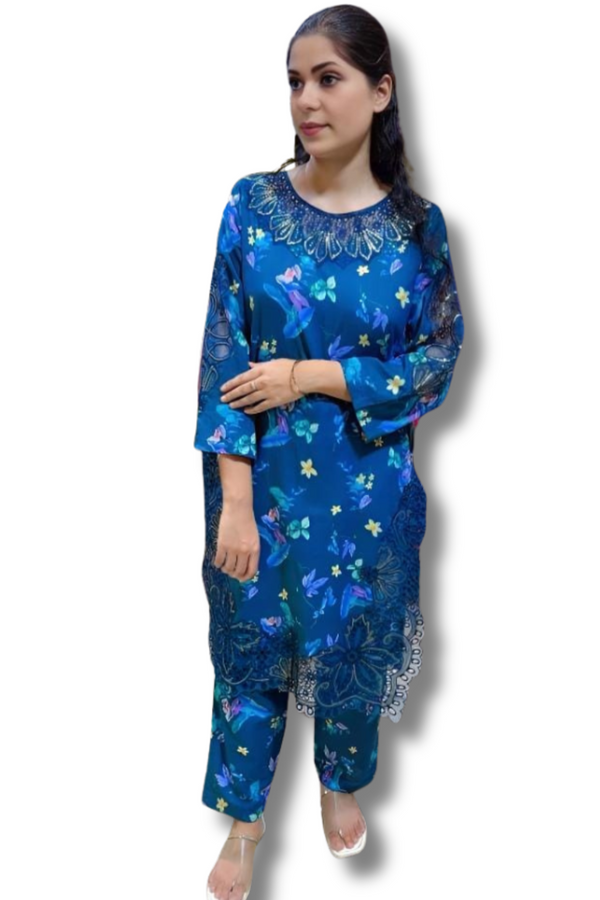 Teal Blue Floral 2-Piece Lawn Suit with Embroidered Neckline & Printed Trousers