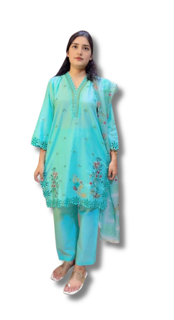 Aqua Blue 3-Piece Lawn Suit with Embroidered Borders & Printed Dupatta