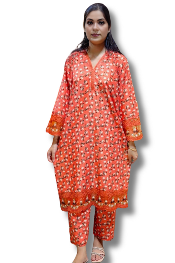 2-Piece Lawn Suit – Coral Orange with Floral Print