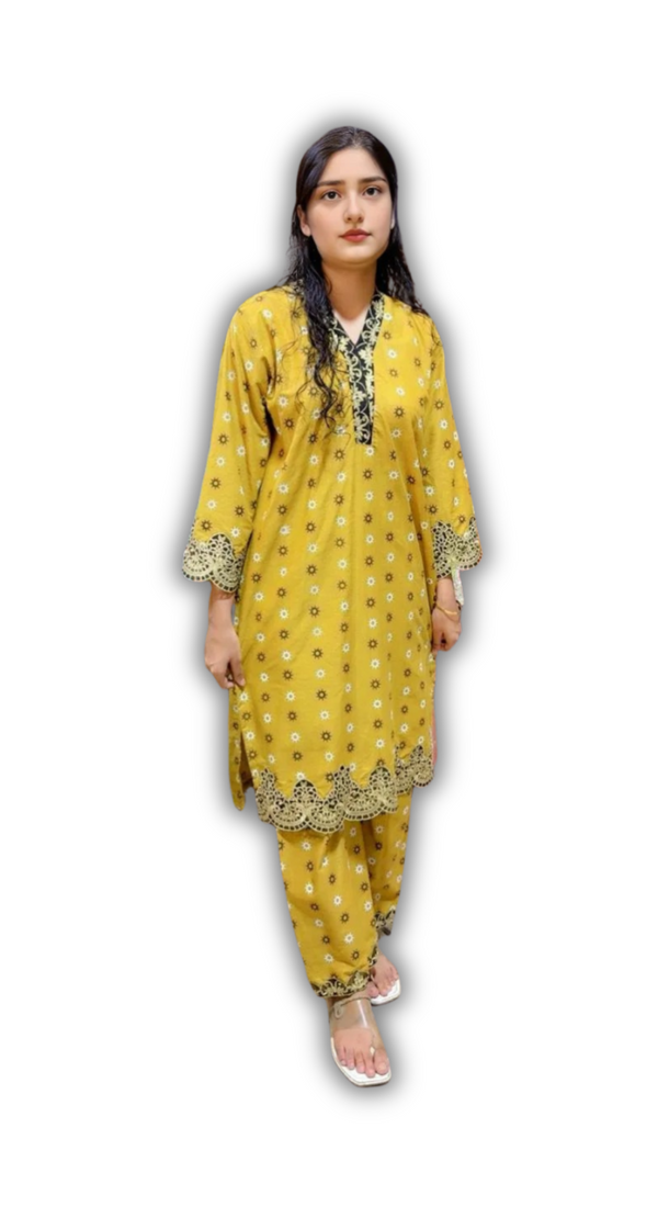 2-Piece Lawn Suit – Mustard Yellow with Lace Detailing